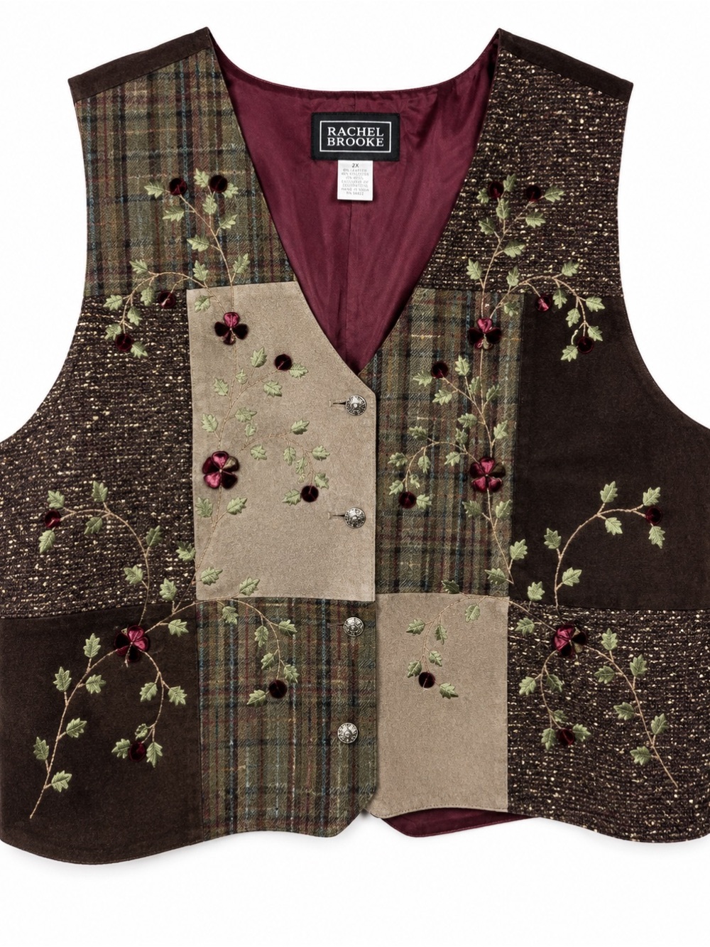 Vintage Rachel Brooke 2X Leather Wool Patchwork Vest Floral Embroidered Boho